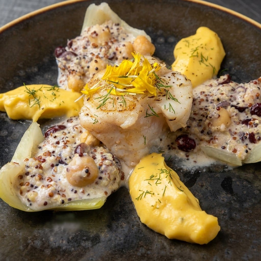 pavé de lotte béarnaise whisky tourbé mélange cranberries noisettes quinoa et pak choï