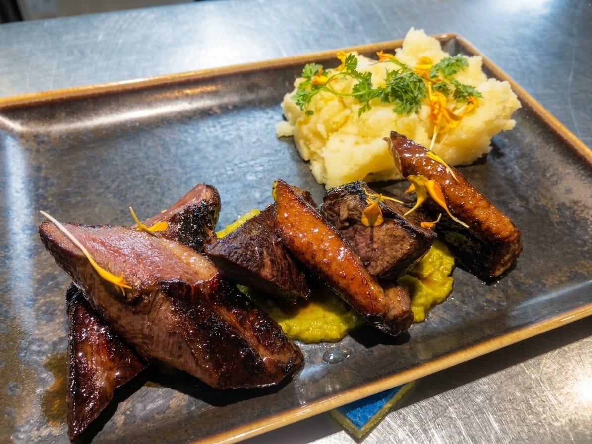 canard miel de ronce et yuzu écrasé de pommes de terre à l'orange et pesto coriandre