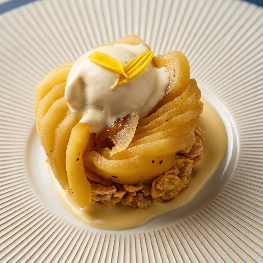 pomme caramel et sa crème anglais au foin et croustillant de céréales