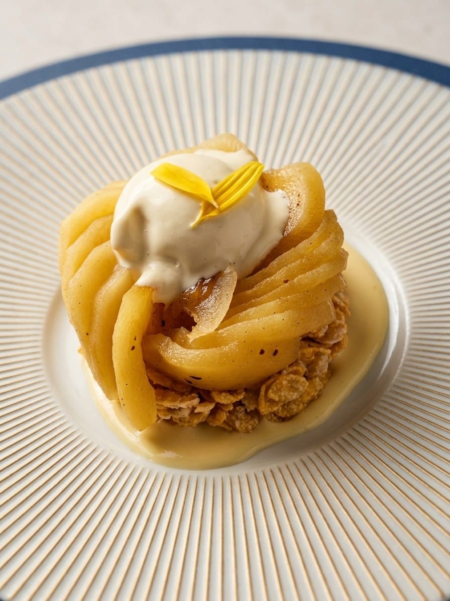 pomme caramel et sa crème anglais au foin et croustillant de céréales